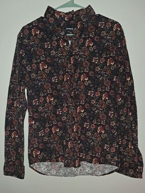 Express Men's Black Corduroy Button-Down Shirt with Brown and Rust Flowers